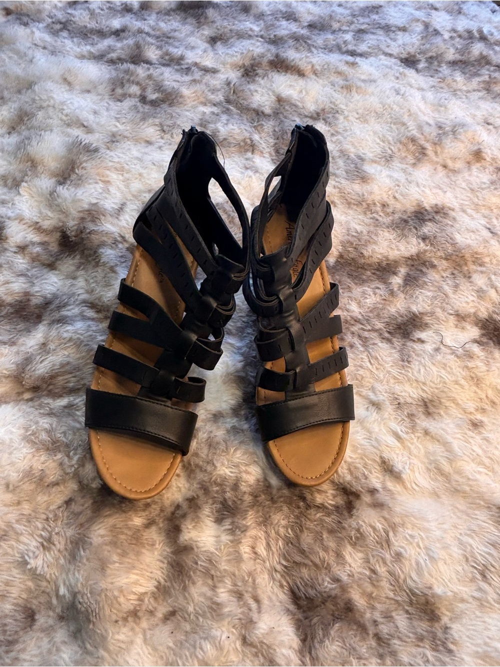 American Eagle Outfitters Black Multi-Strap Cork Wedge Sandals - Picture 2 of 6